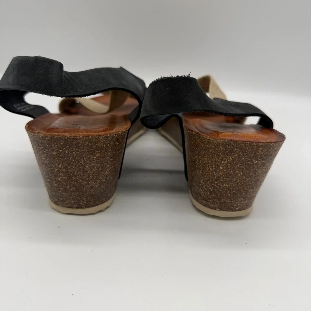 Bio Bio Leather Fabric Wedge Sandals Black Tan Strappy Cork 8 BIO 201-77634